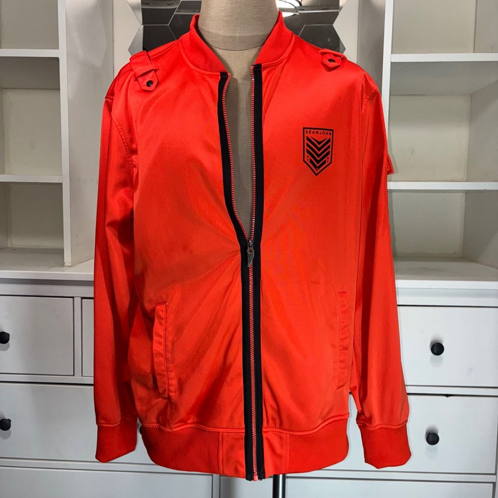Sean John Mens Track Jacket Orange Full Zip Bomber Style Logo Size XL